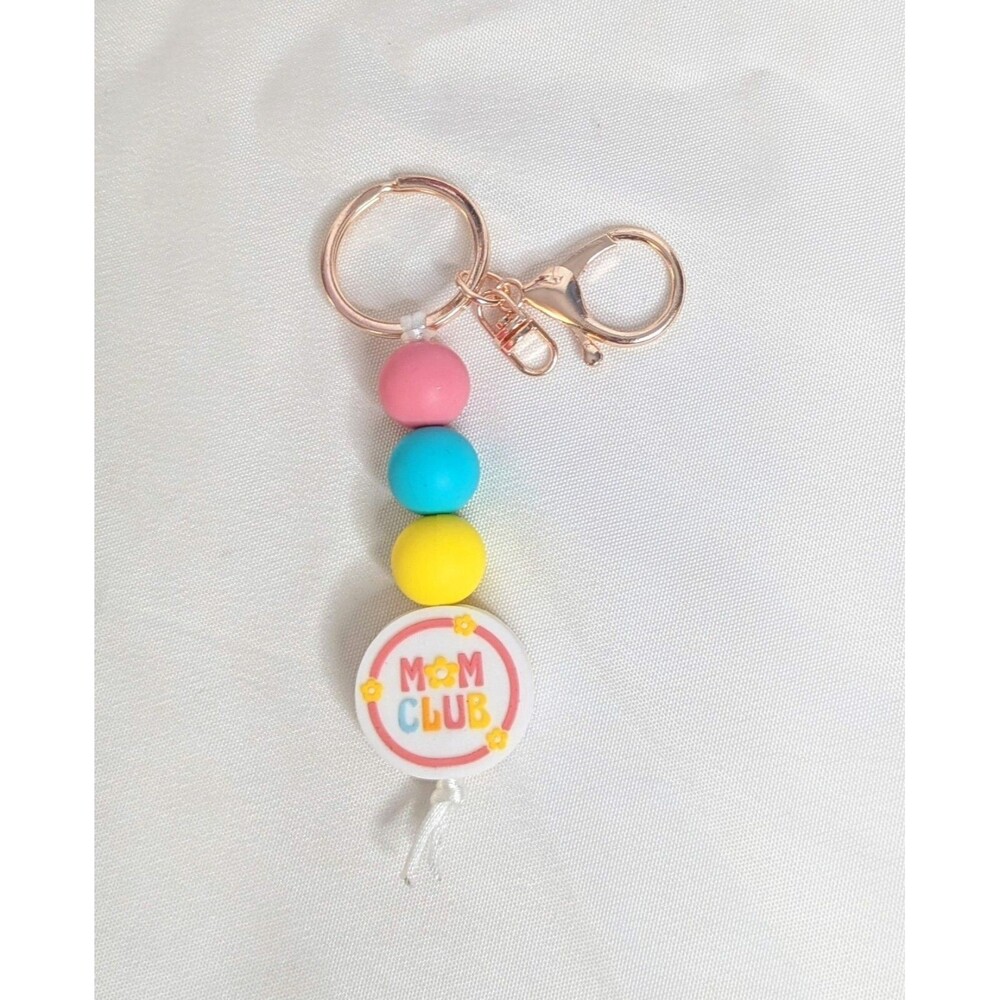 Handmade Silicone Bead Keychain/Bag Charm - Mom Club (white/pink)
